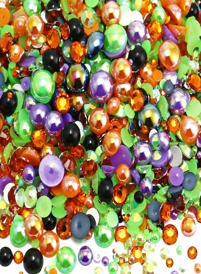 Briskbloom 60g Mix Pearls and Rhinestones for Crafts, 3620PCS 2mm-10mm Flatback for Nails Face Art Tumblers, Halloween Jelly Rhinestones and Half Pearls, Orange|Black|Green|Purple - Image 1